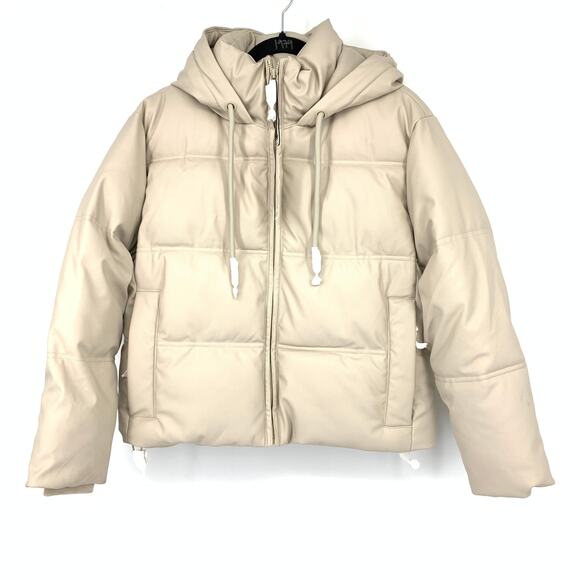 Zara Full Zip Front Winter Puffer Jacket Womens Size XS Beige Hooded NEW - Picture 1 of 7
